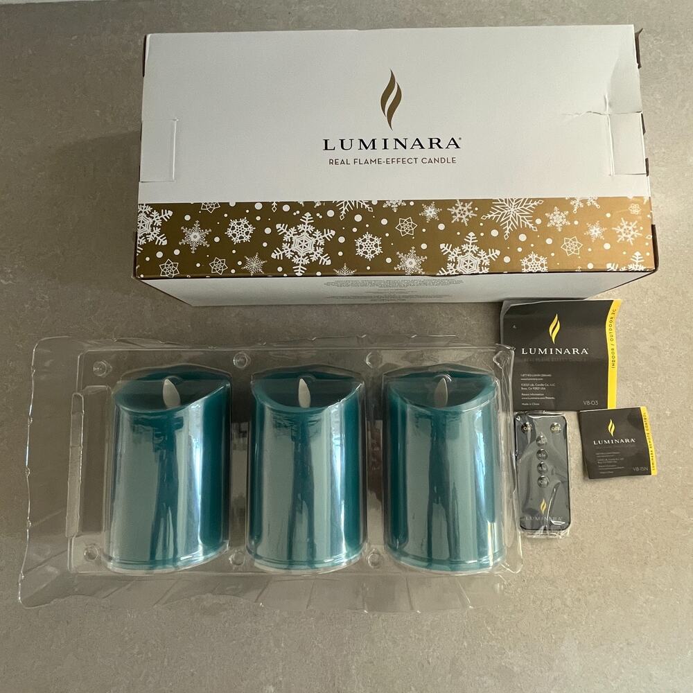 Luminara Flameless Candle Set of 3 Teal w Remote Moving Flame NEW